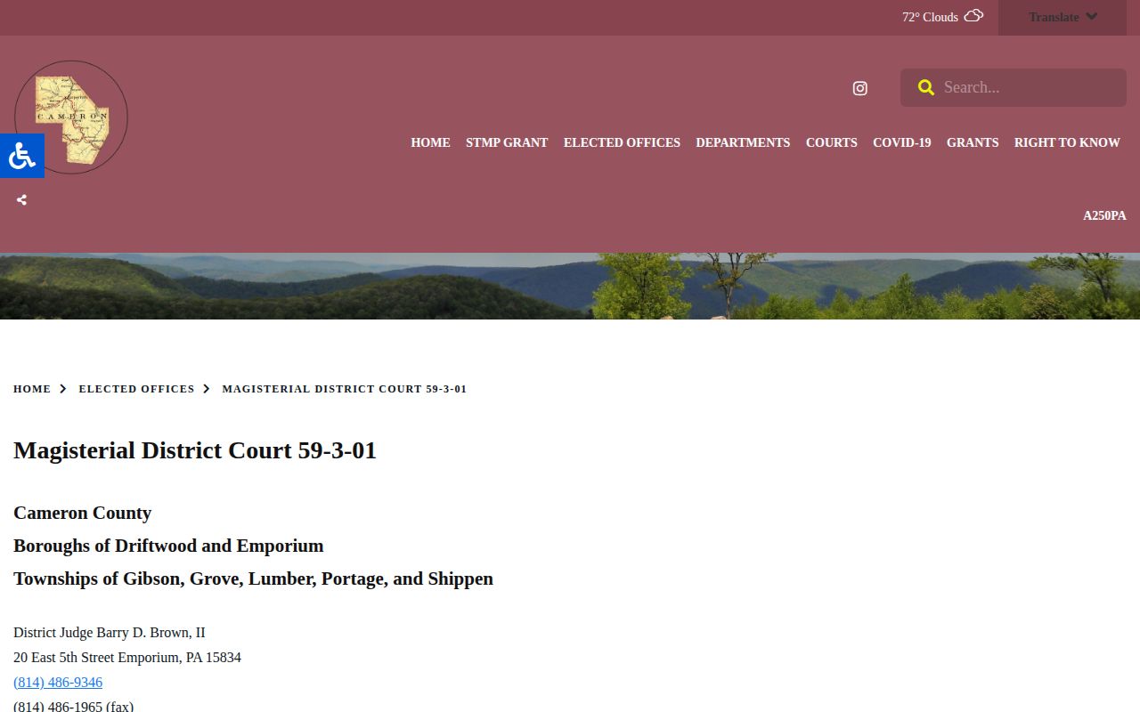 Cameron County Magisterial District Court 59-3-01 official page for warrant and preliminary-court routing
