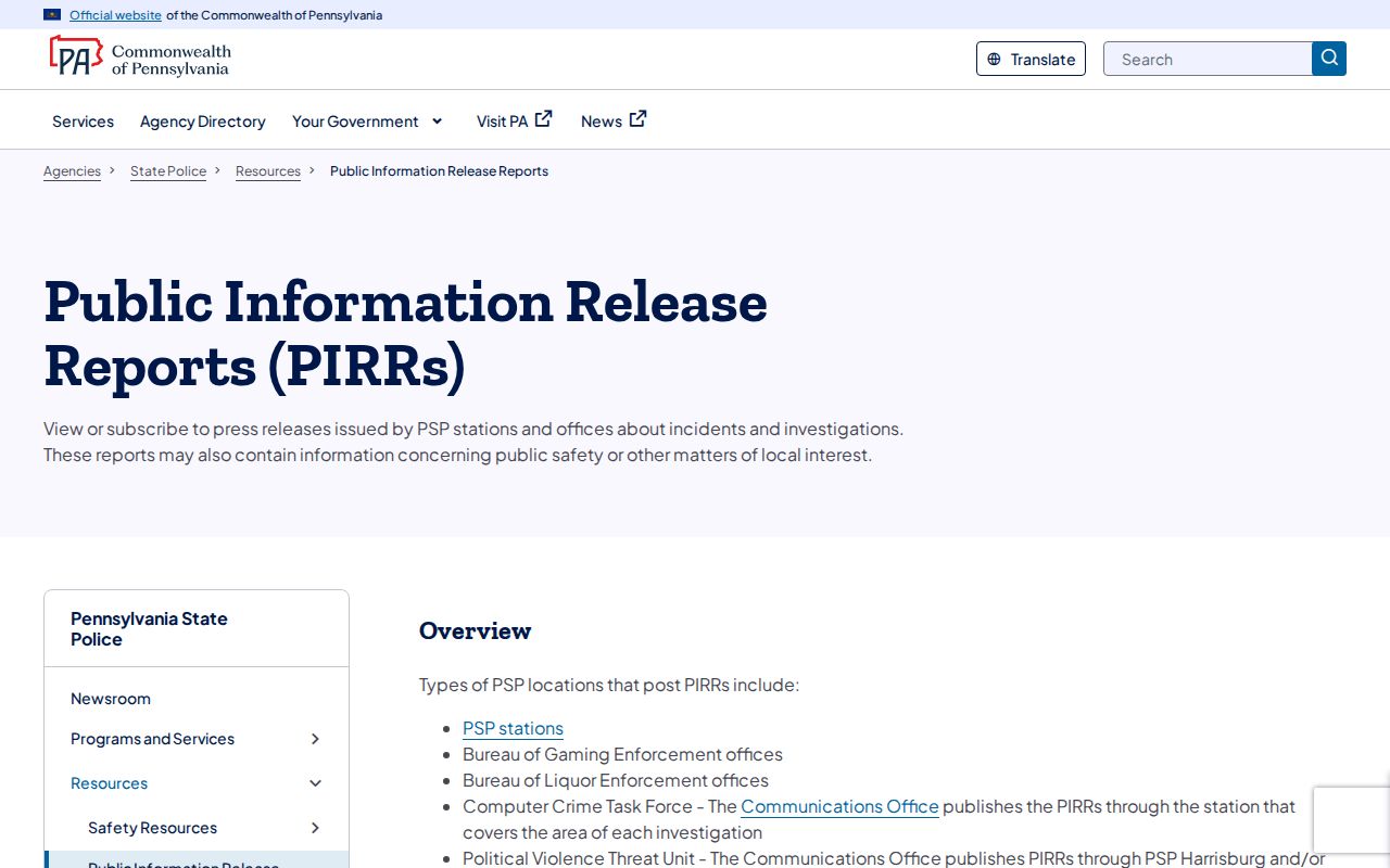 Gibson Township Pennsylvania State Police public incident release record search